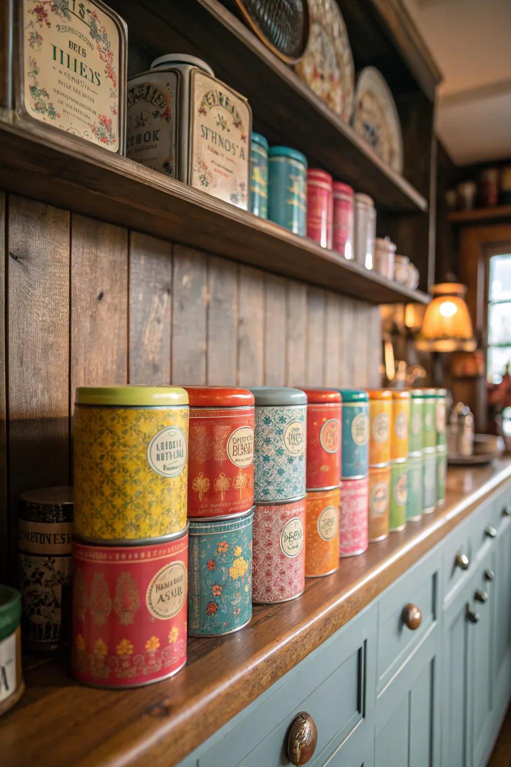 A colorful collection of vintage tea tins.