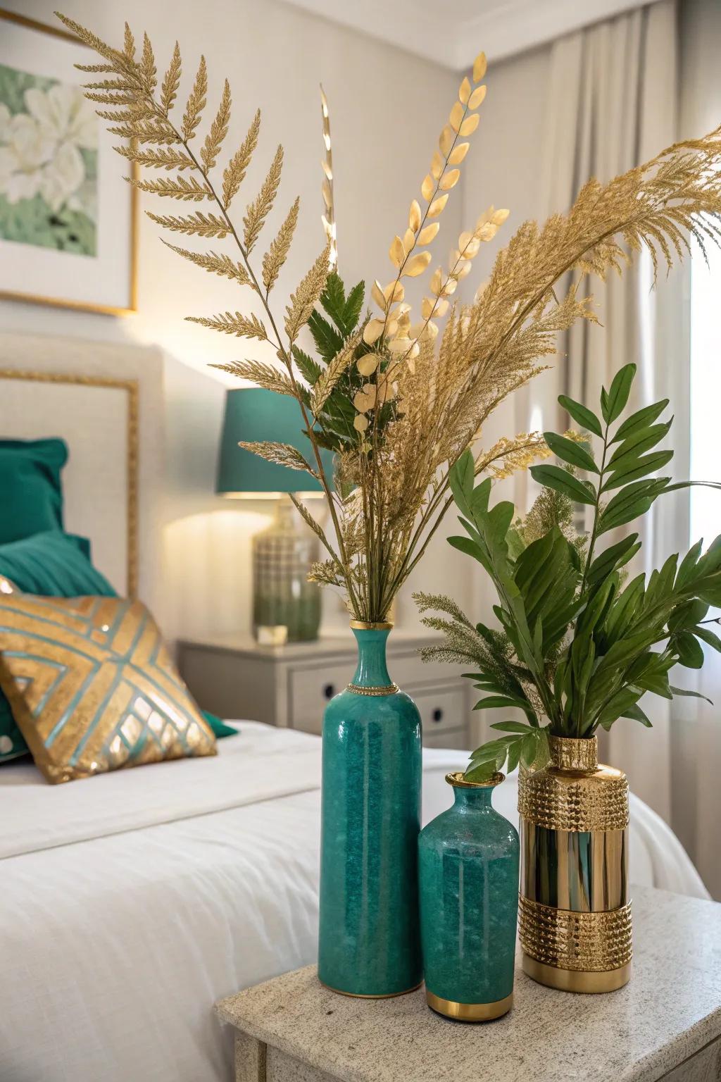 Gilded-coated vegetation adds a natural yet luxurious touch to this bedroom.