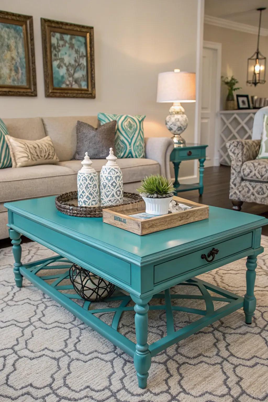 A teal coffee table acts as a bold centerpiece in this stylish living room.