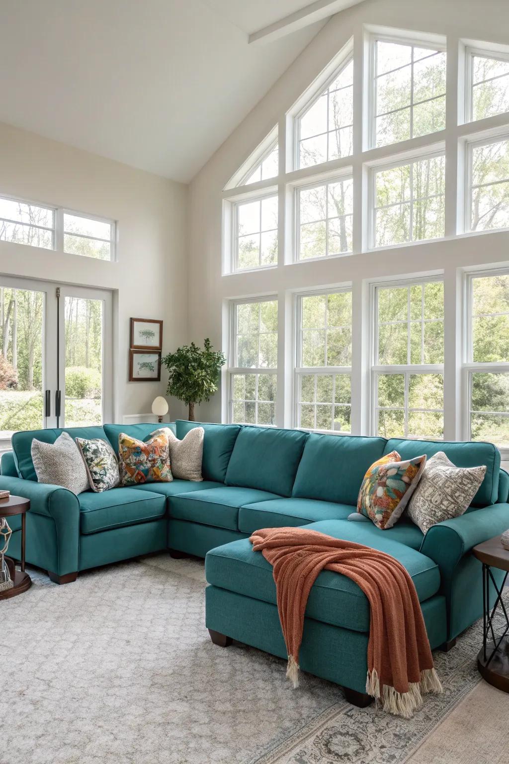 A teal sectional offers both style and comfort in larger spaces.