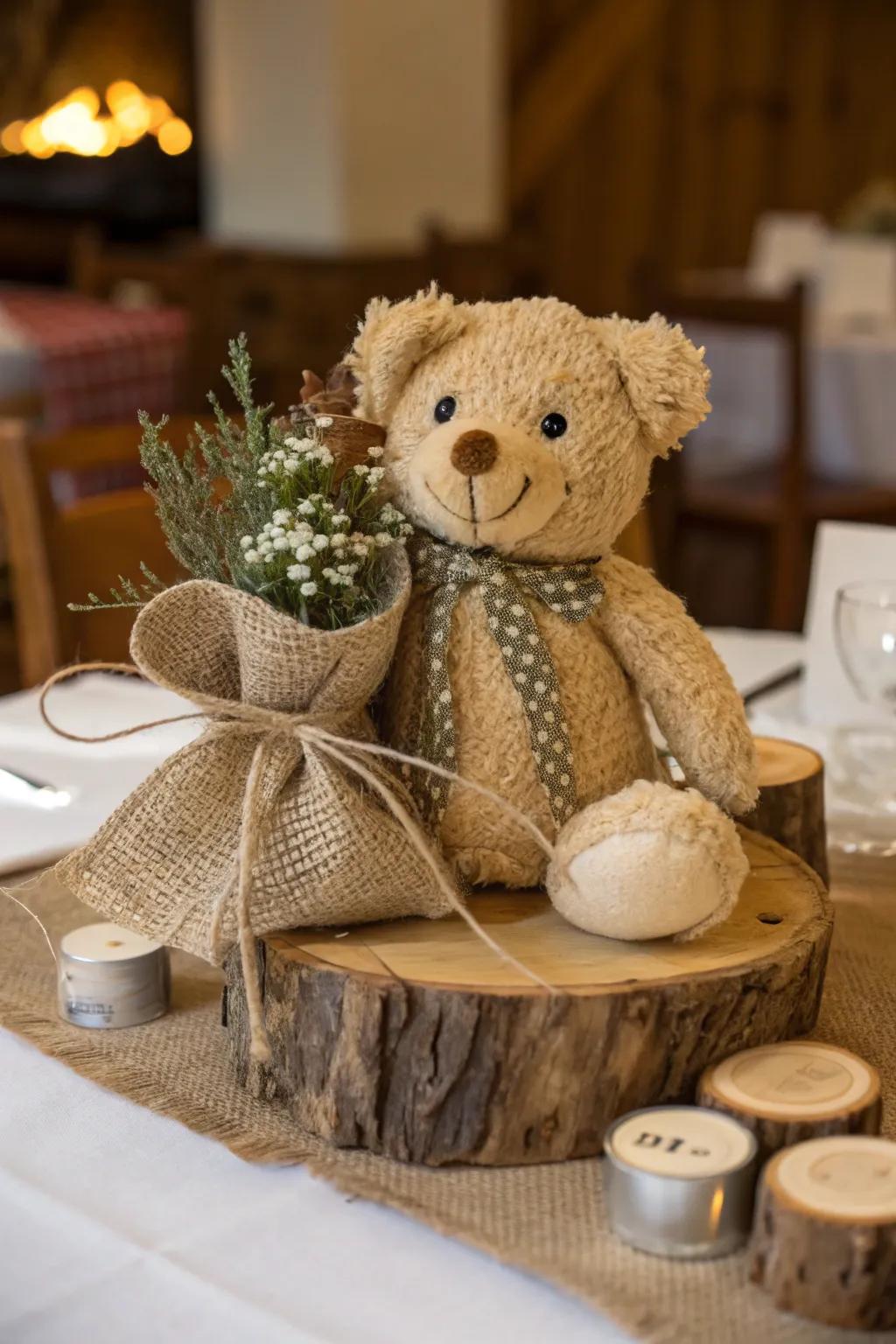 Rustic burlap adds warmth to a teddy bear centerpiece.