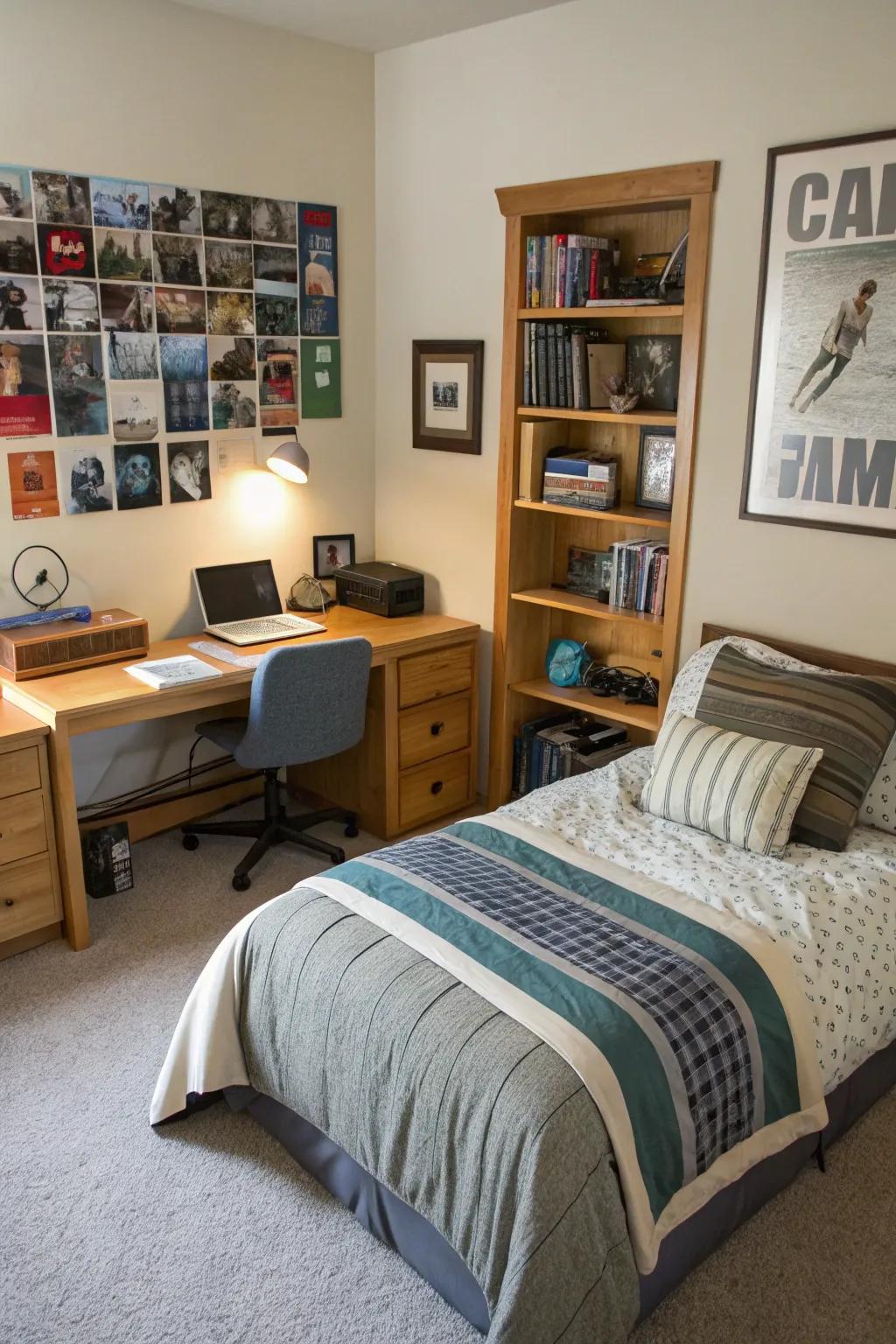 Distinct zones for diverse activities within this multipurpose teen boy's room.