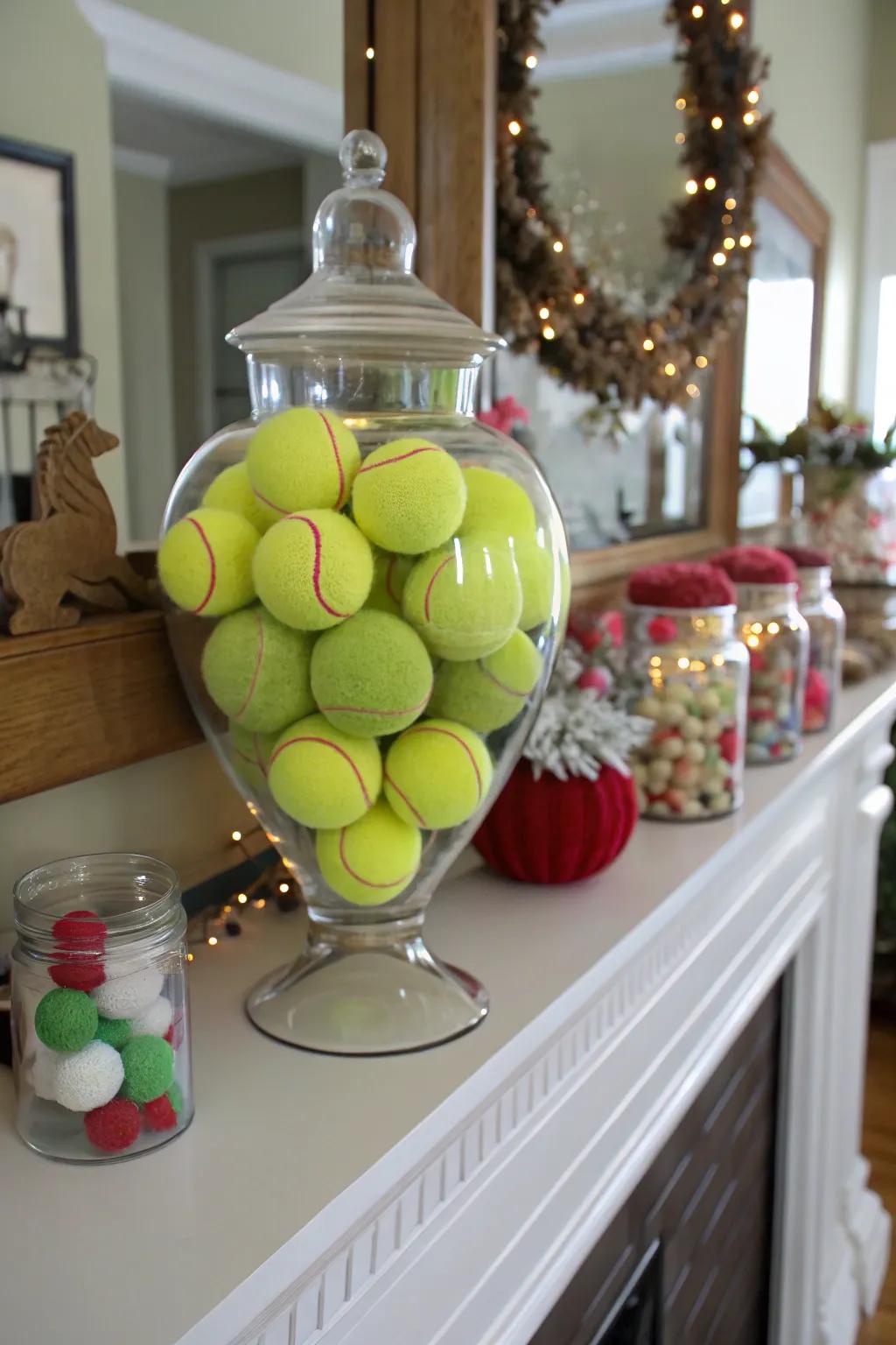 Miniature tennis spheres in a vase engender playful elegance.