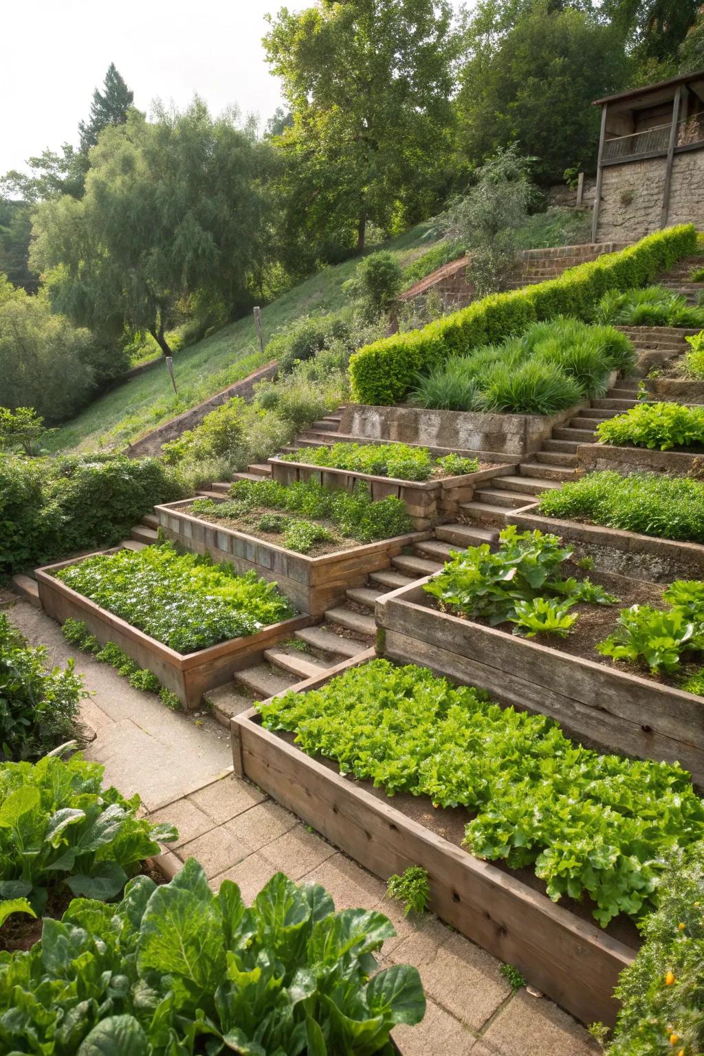A productive herb garden on a tiered level, combining aesthetics with utility.