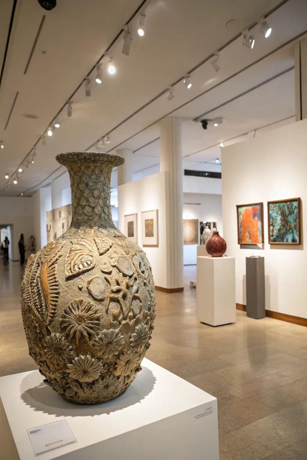 A sculptural textured art piece commands attention in this modern gallery.