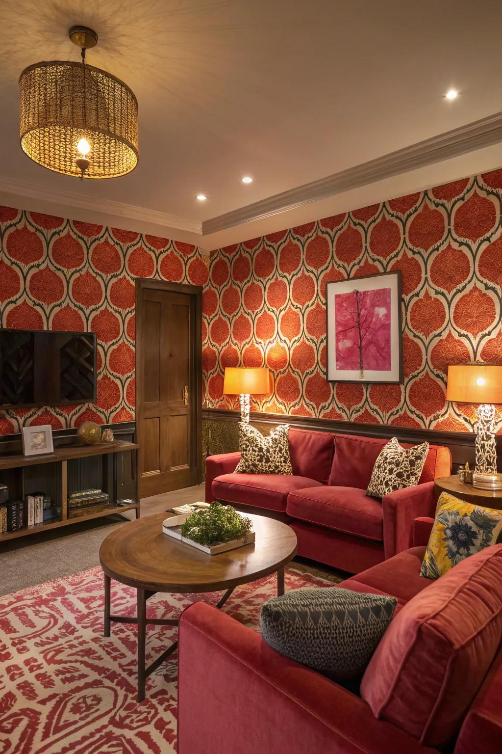 A living room with bold patterned wallpaper.