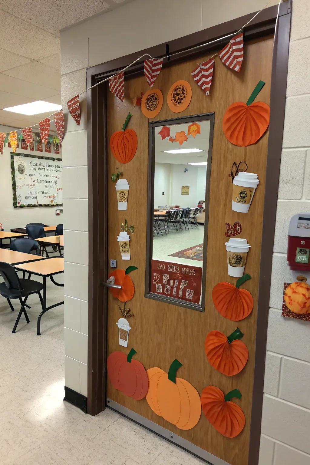 A trendy Spiced Pumpkin door display embracing fall flavors.