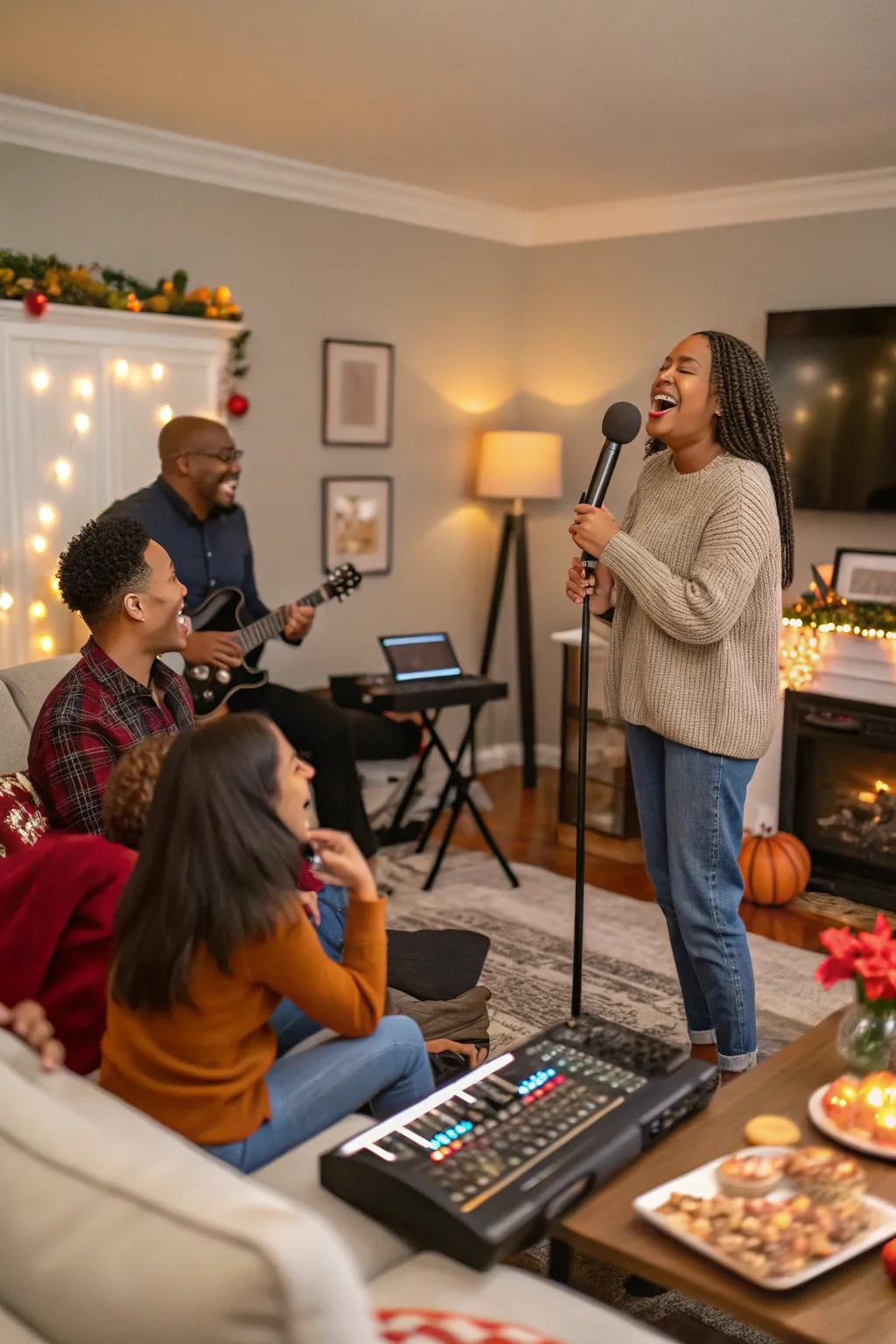 Singing and laughter at the Thanksgiving Karaoke Party.