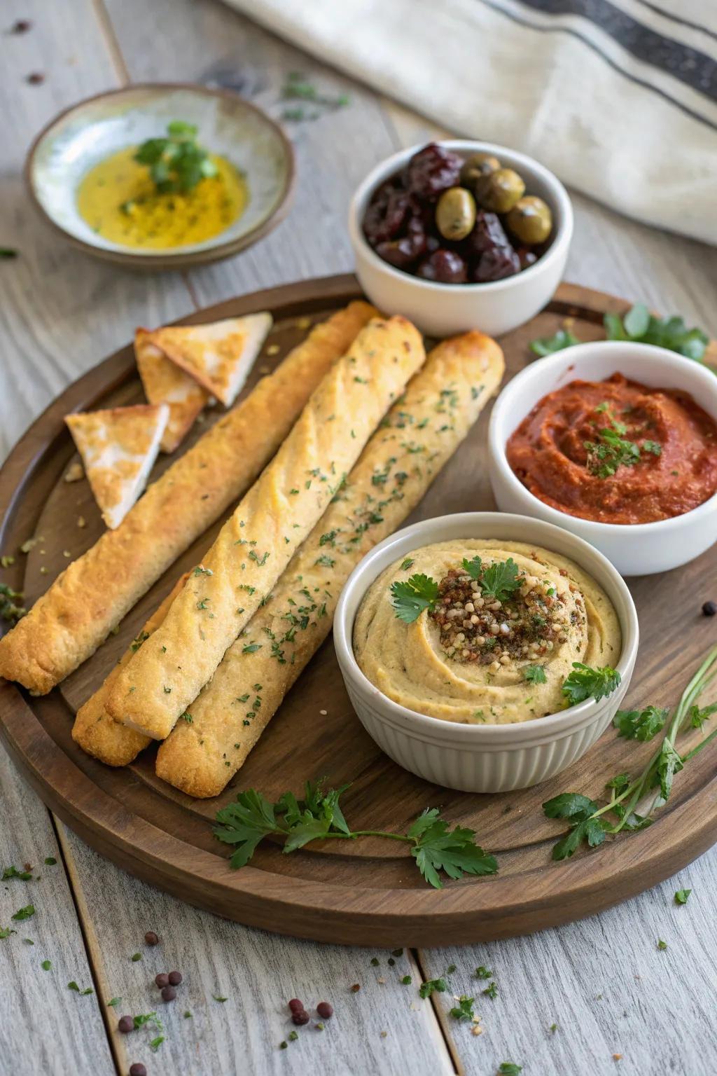 Fragrant breadsticks paired with delicious sauces.