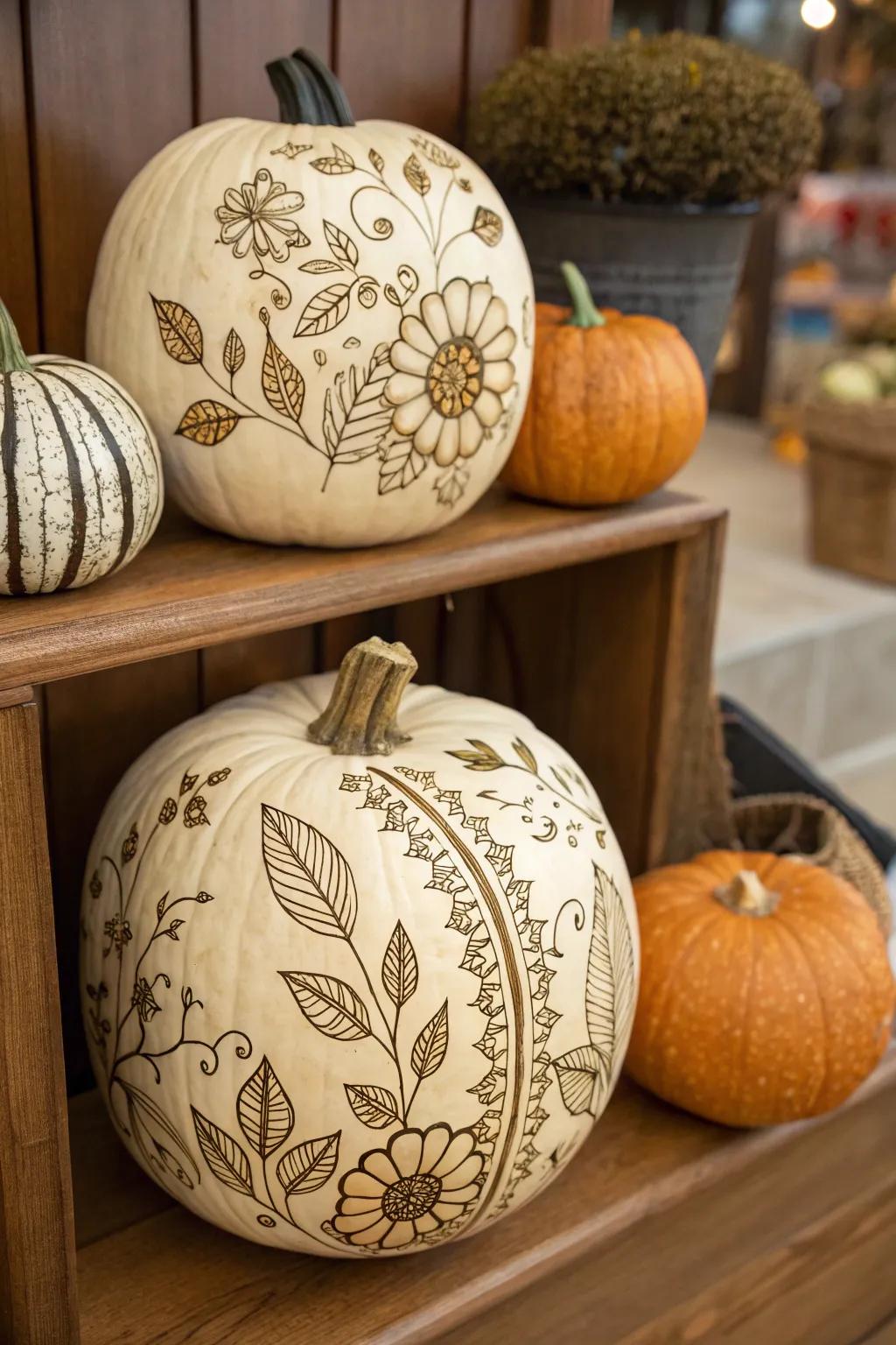 Elegant botanical patterned pumpkins for artistic decor.