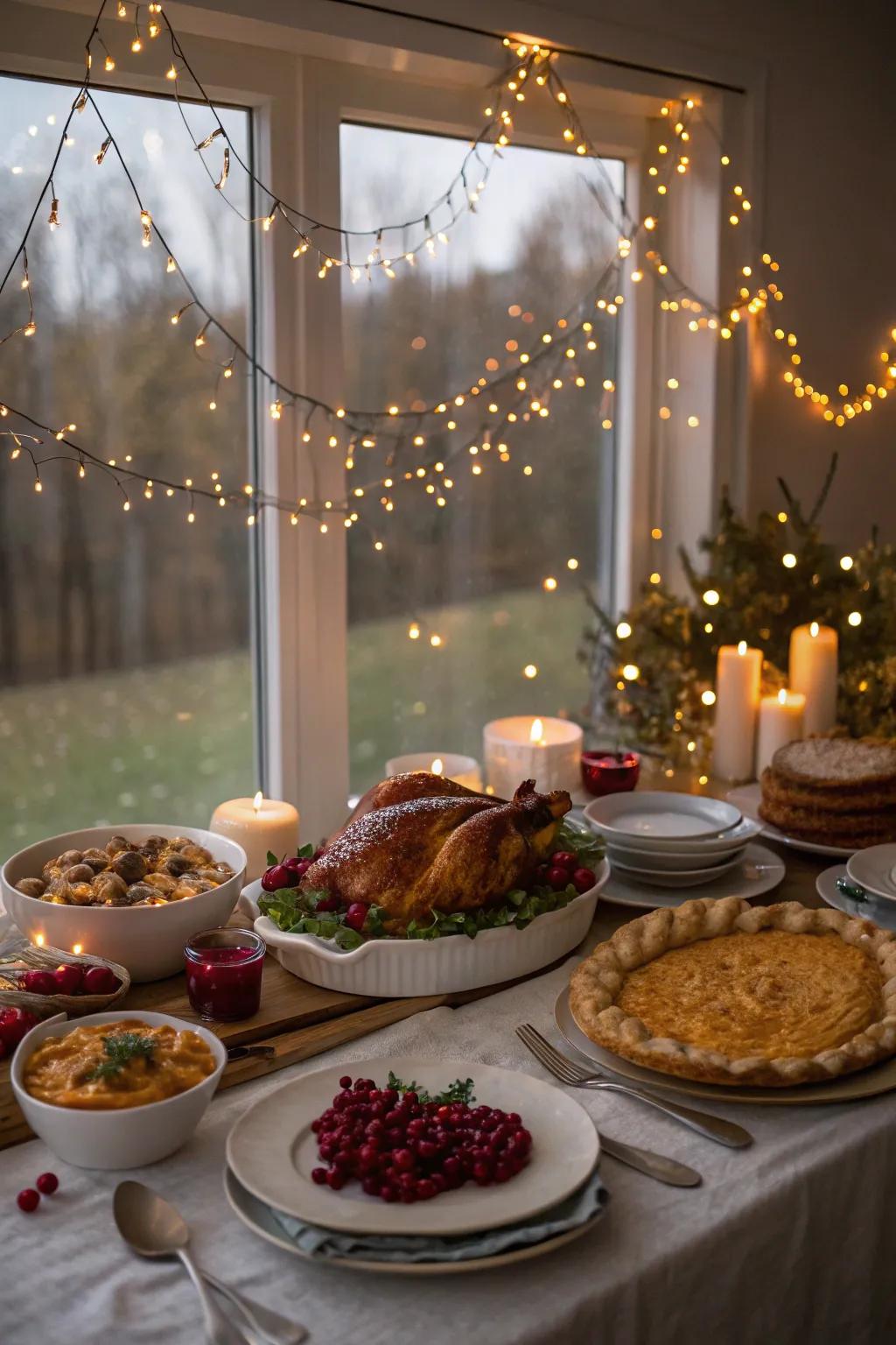 Fairy lights incorporate a captivating glow to the Thanksgiving feast.