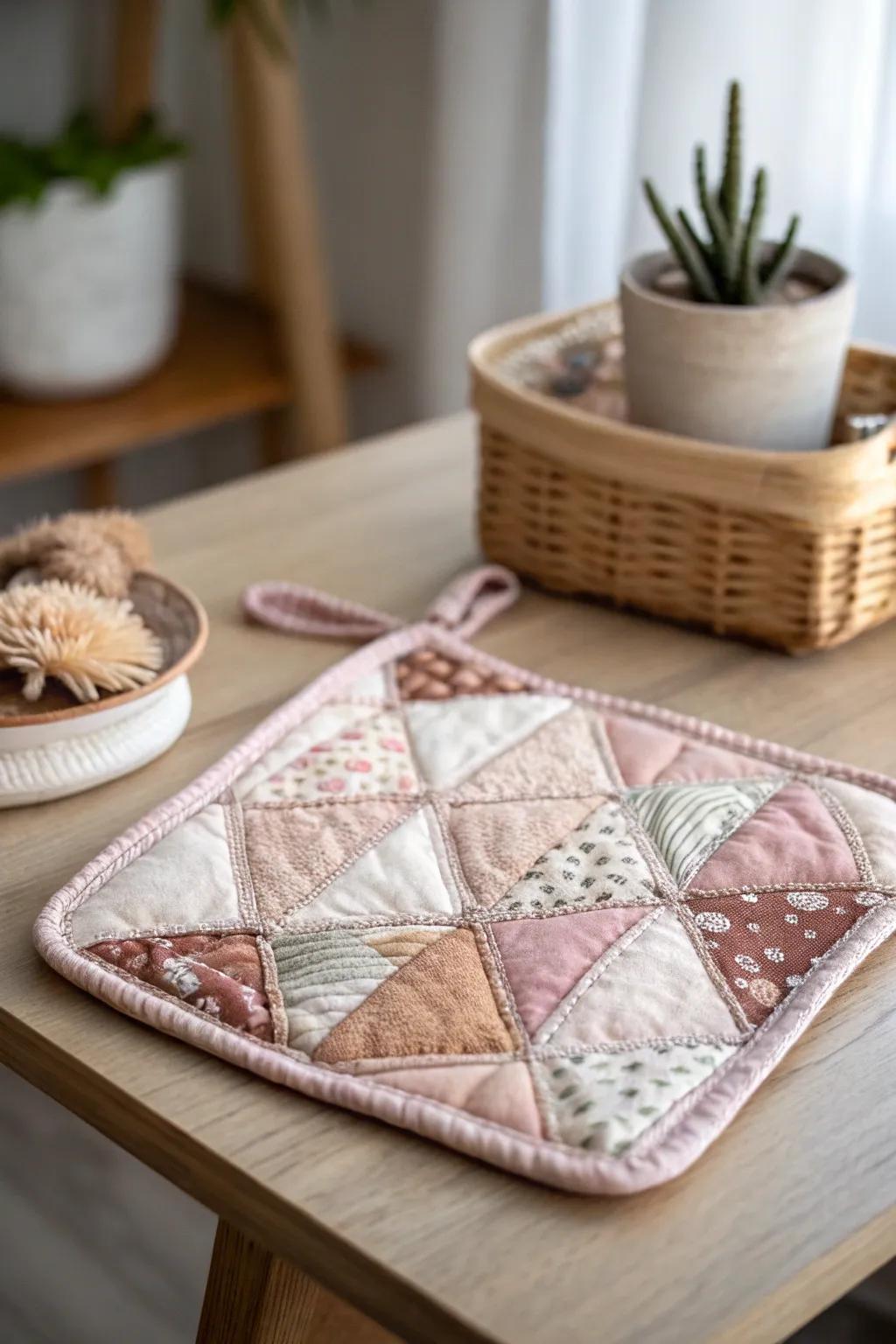 Elevate your kitchen style with these charming quilted pot holders, where simplicity meets craftsmanship.