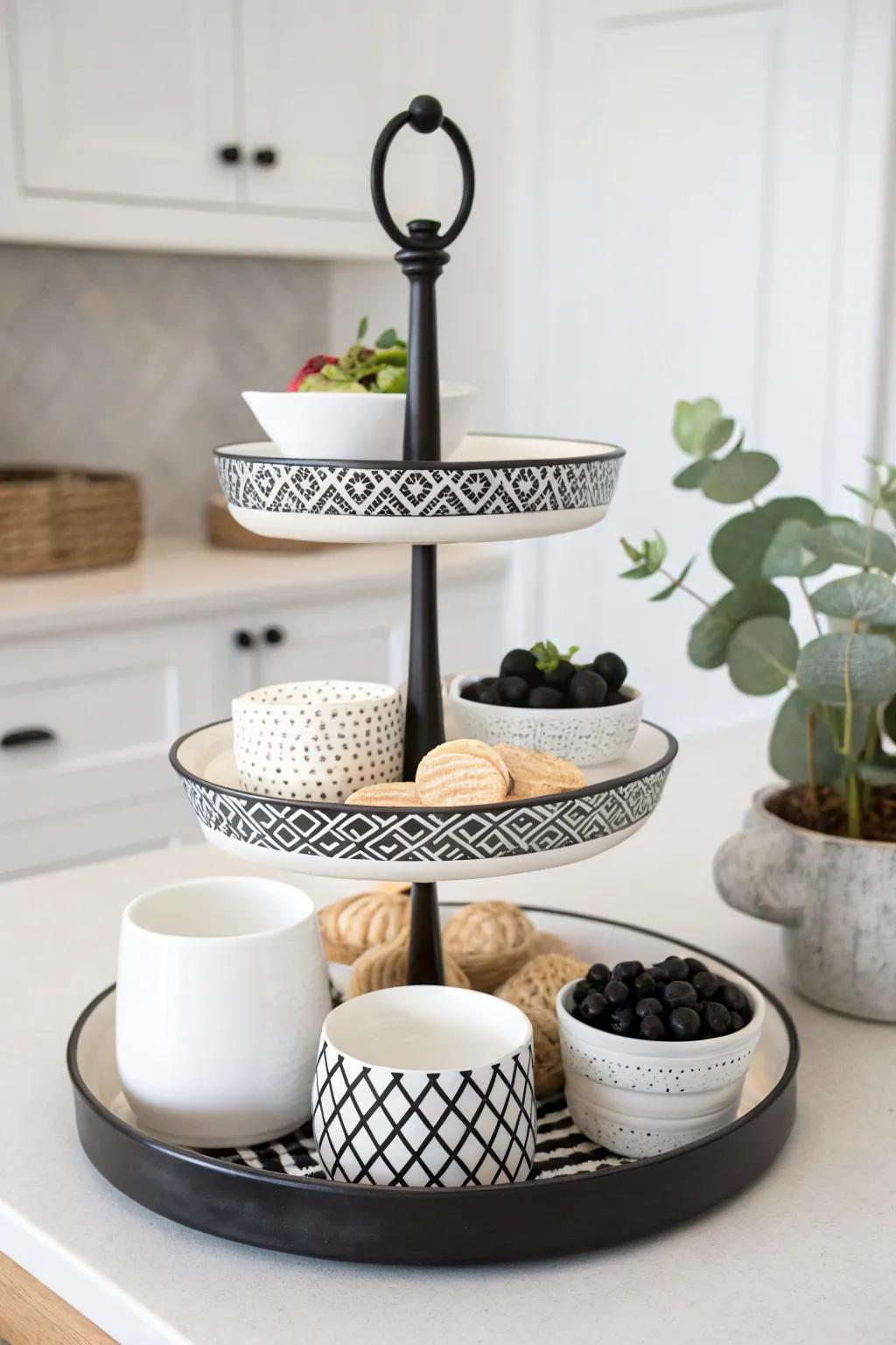 A monochrome-themed tiered tray exuding sophistication.