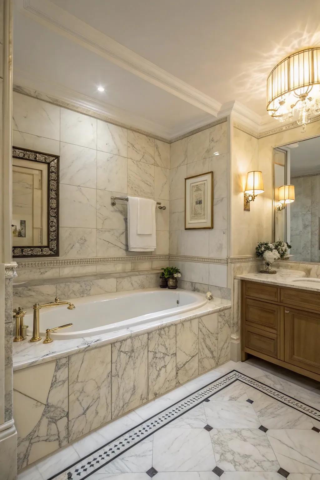 Travertine coverings with natural veining add a touch of elegance and luxury.