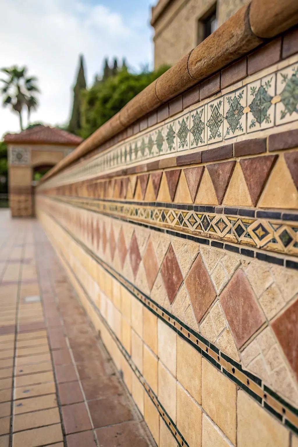 Arranged trims provide a distinctive dimension and visual interest to tiled surfaces.