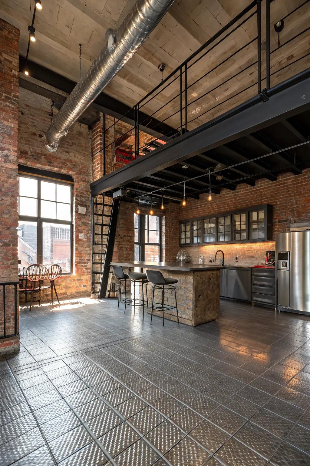 Metallic tiles add an industrial chic touch to this urban loft.
