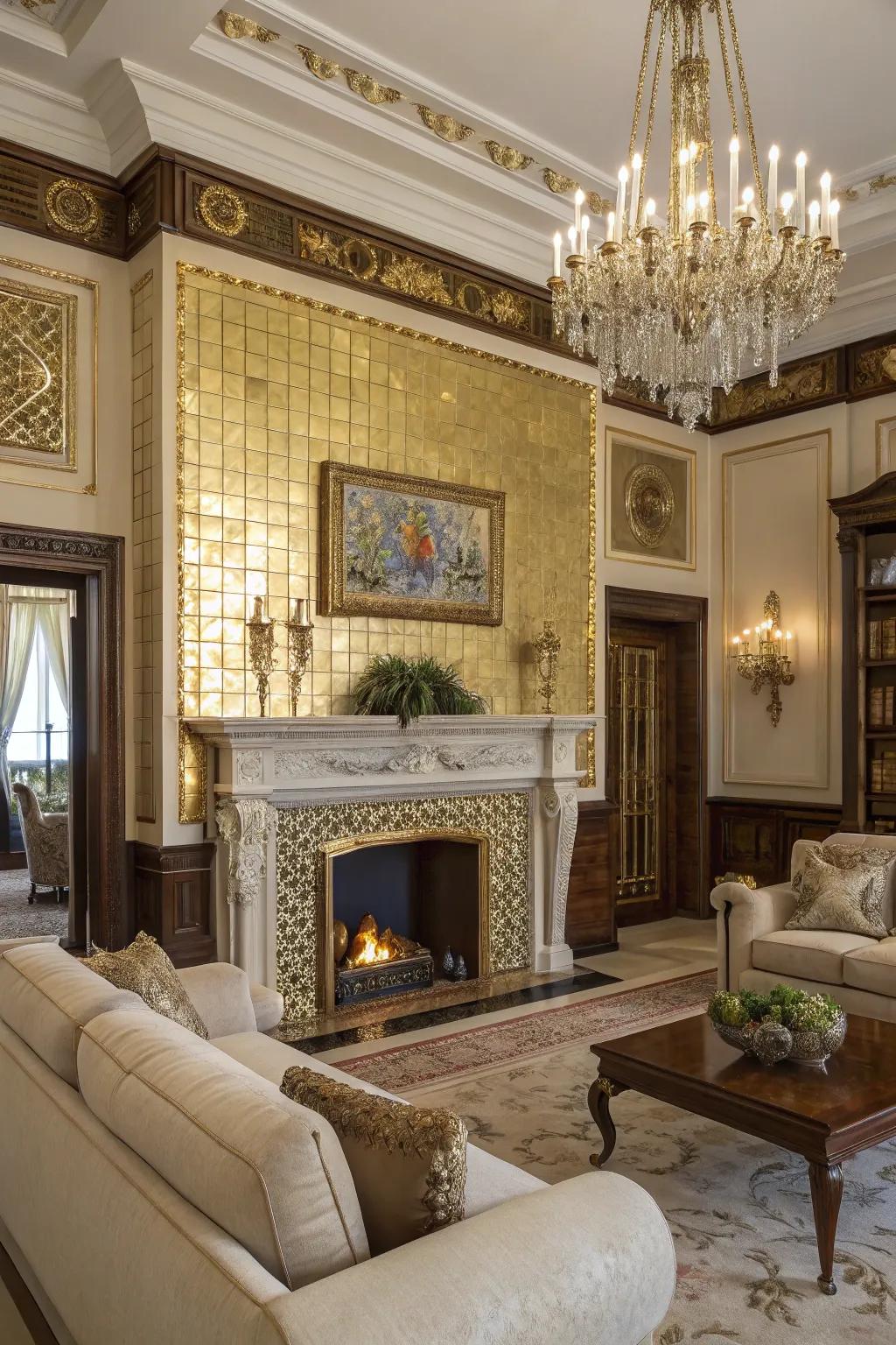 Gilded accents add a touch of glamour to this luxurious fireplace.