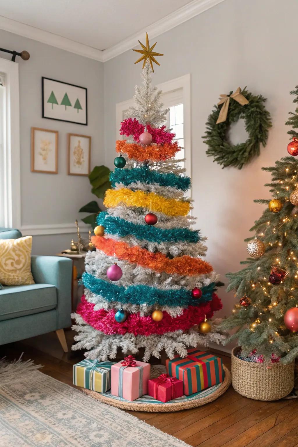 A stylish home decor scene with a retro color-blocked foil Christmas tree.
