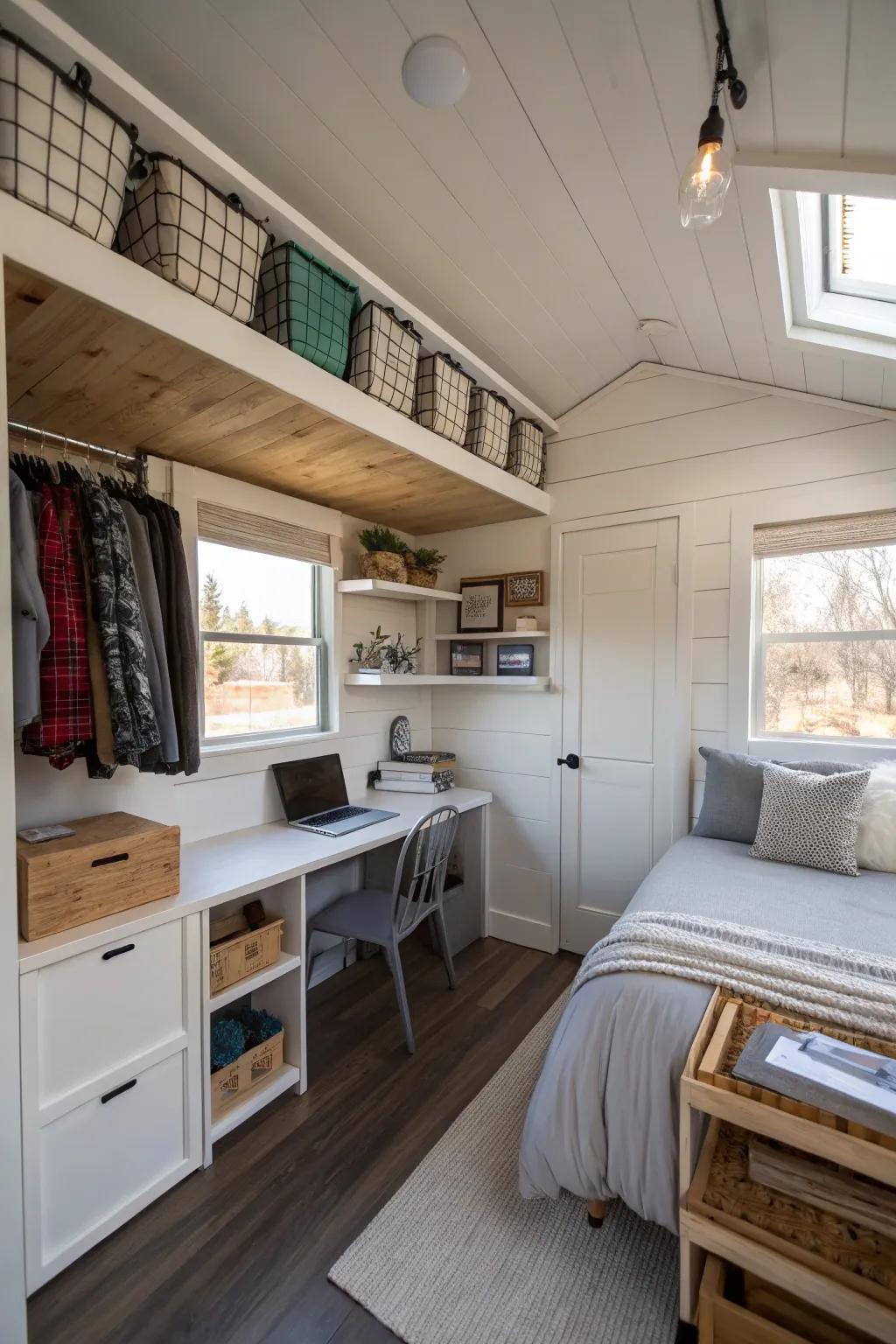 Ceiling-mounted storage racks keeping the bedroom organized and clutter-free.