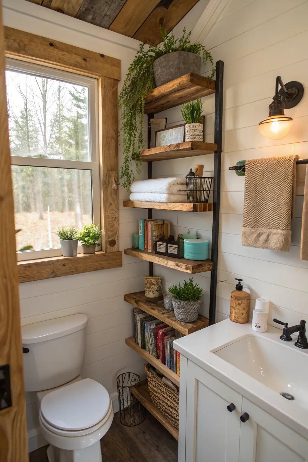 DIY elements personalize and enhance this tiny bathroom.