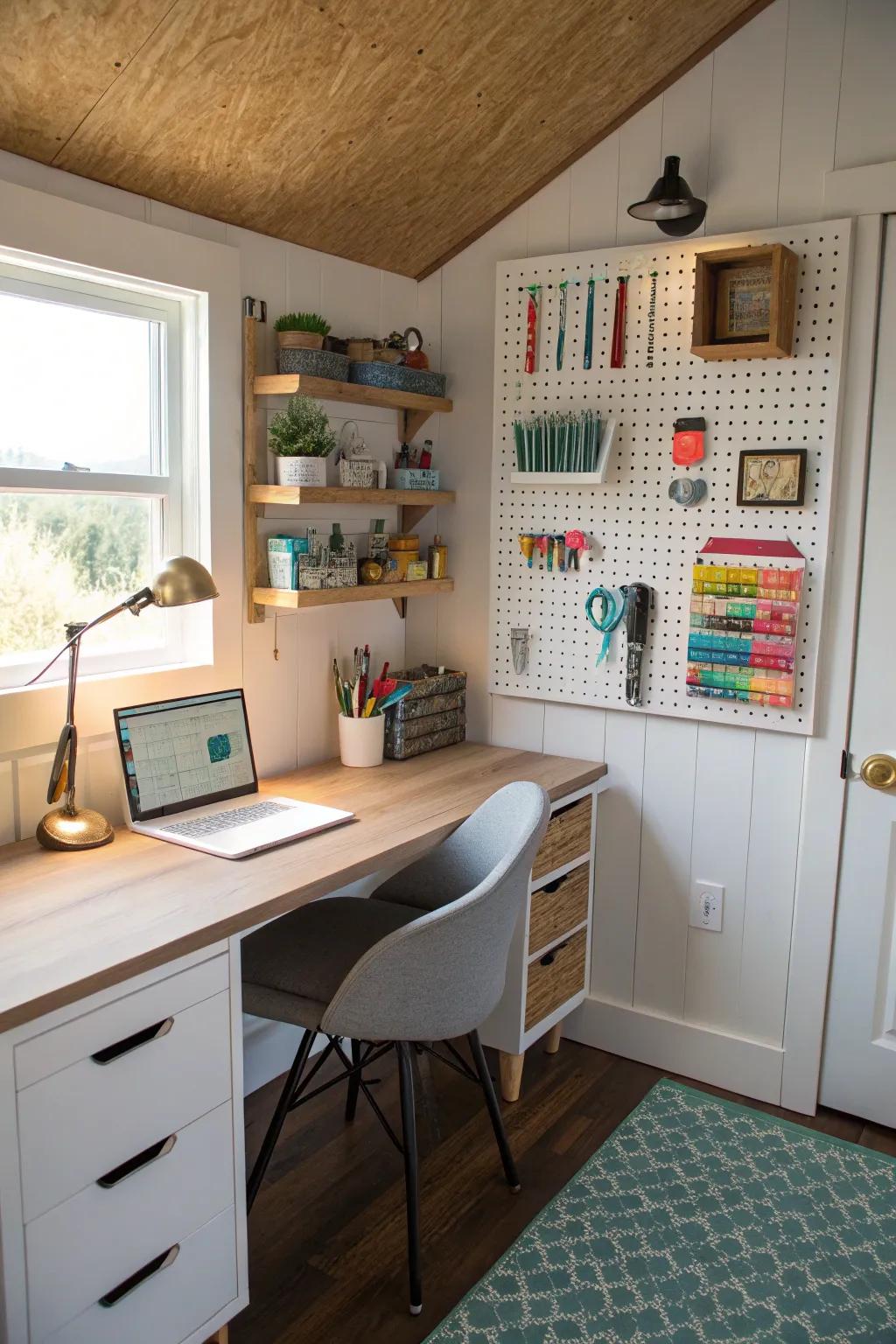 Pegboards deliver adaptable storage options, capitalizing on vertical space.