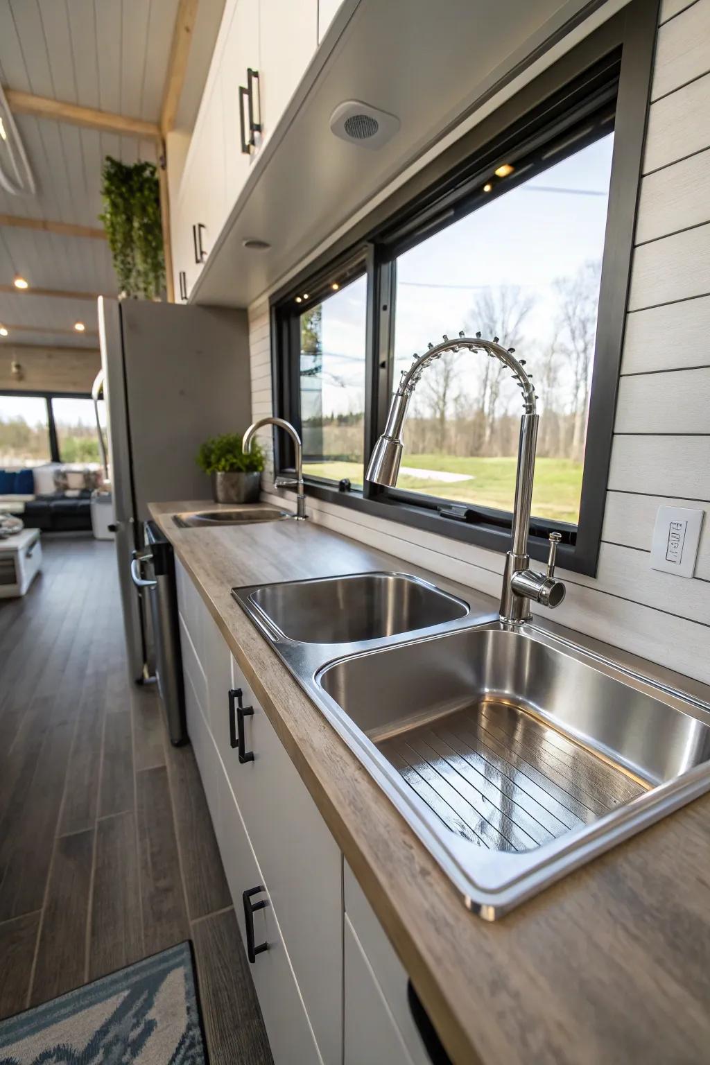 A steel sink offering strength and style in a tiny house kitchen.