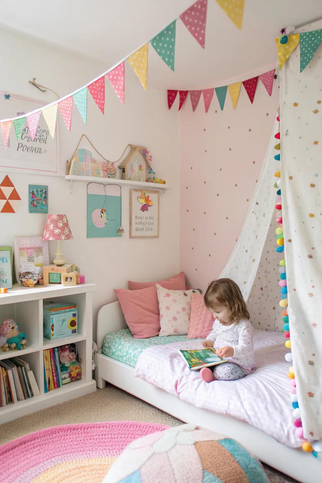 Colorful bunting contributes a playful and festive atmosphere to the sleeping quarter.