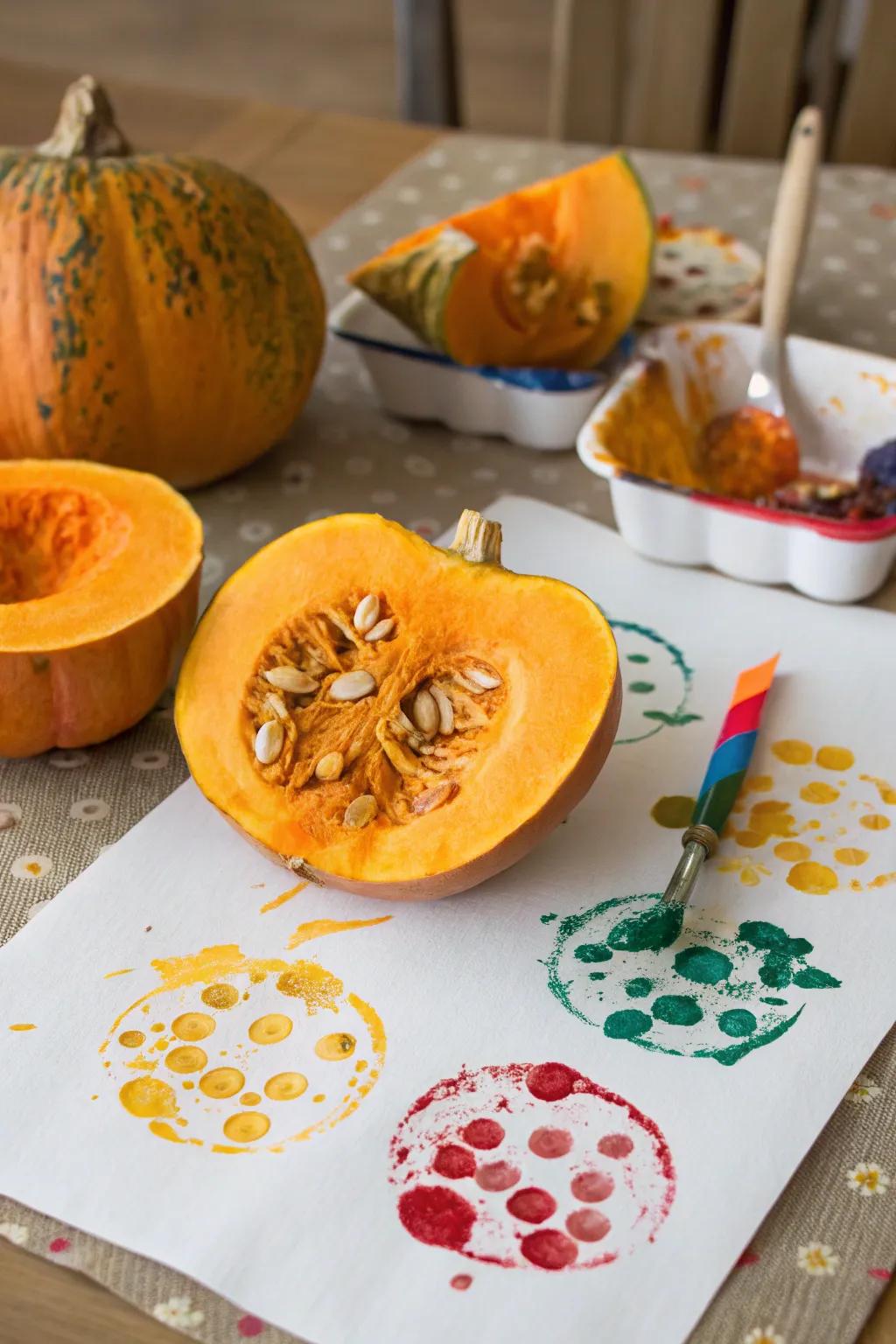 Explore printmaking through pumpkin imprinting.