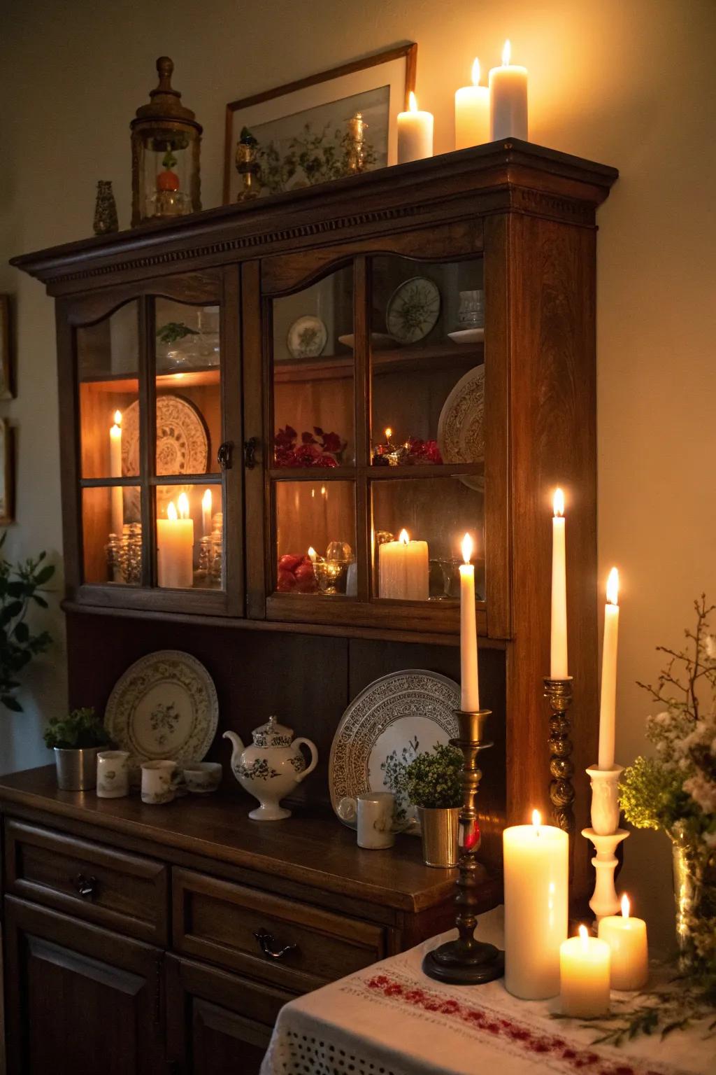 Candles fashion a snug and welcoming ambiance.