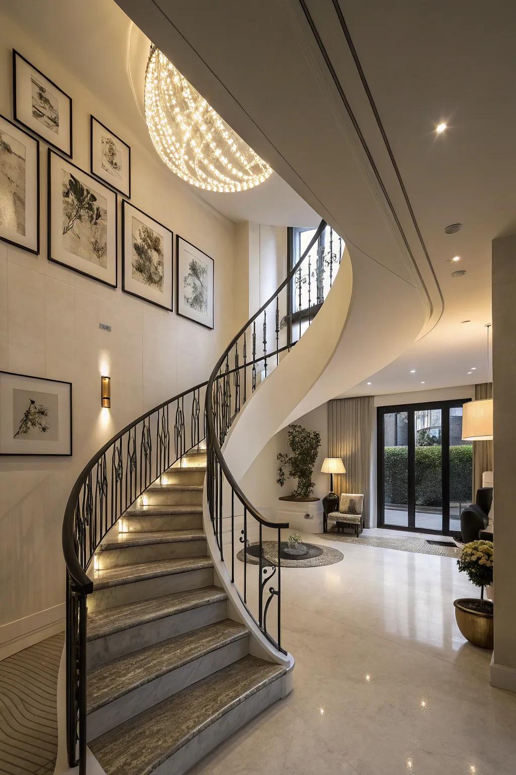 A sculptural staircase acts as a compelling focal point.