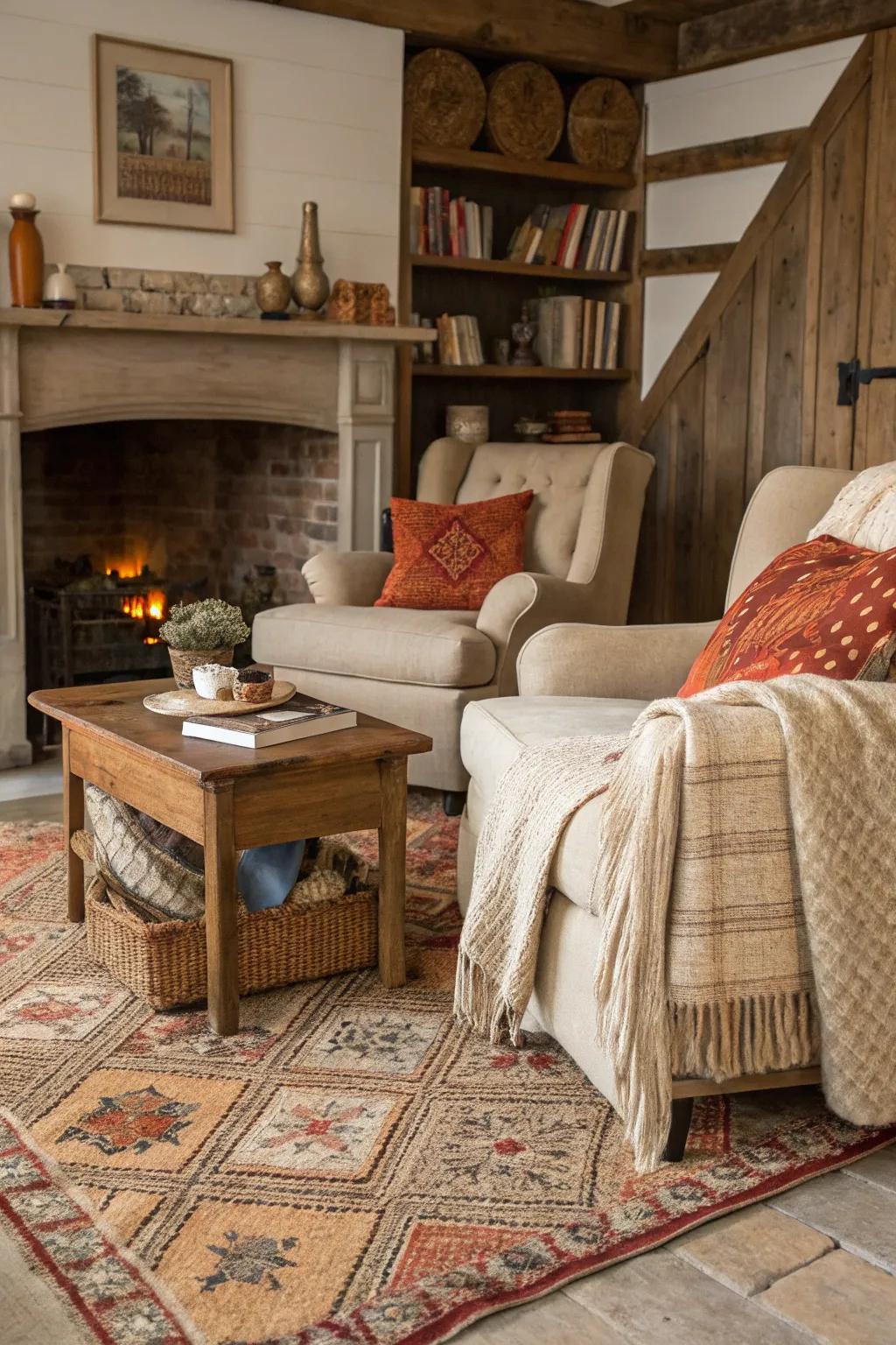 Fabrics imbue warmth and depth into the fireplace.
