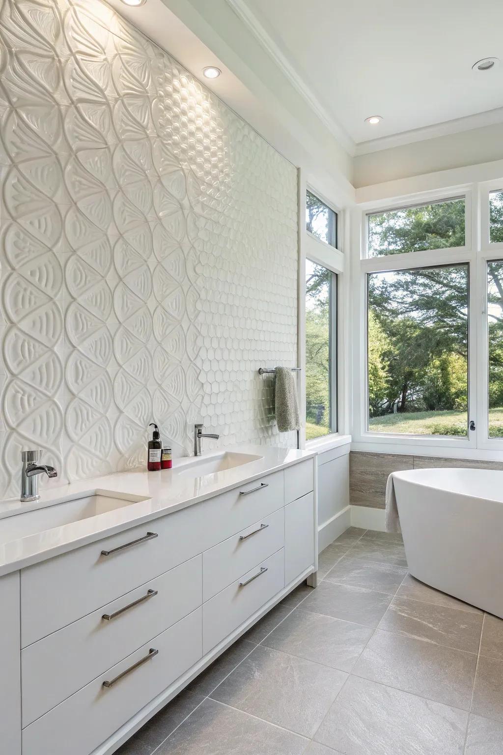 A white bathroom featuring designed wall panels that contribute dimension and appeal.