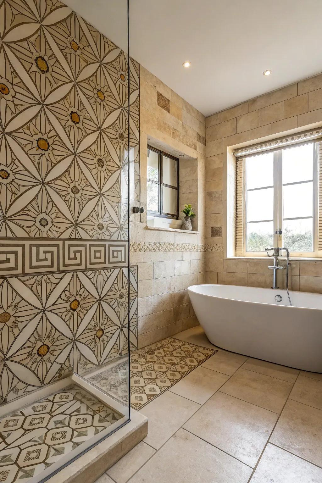 A sophisticated travertine bathroom showcases angular tile compositions for added intrigue.