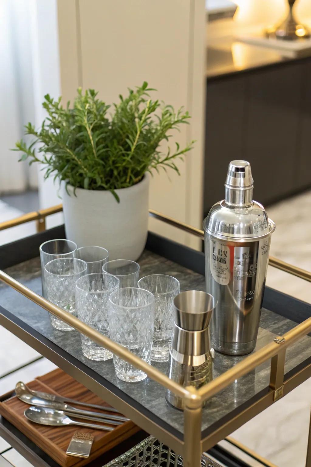 A neat bar space, primed and ready for cocktail hour.