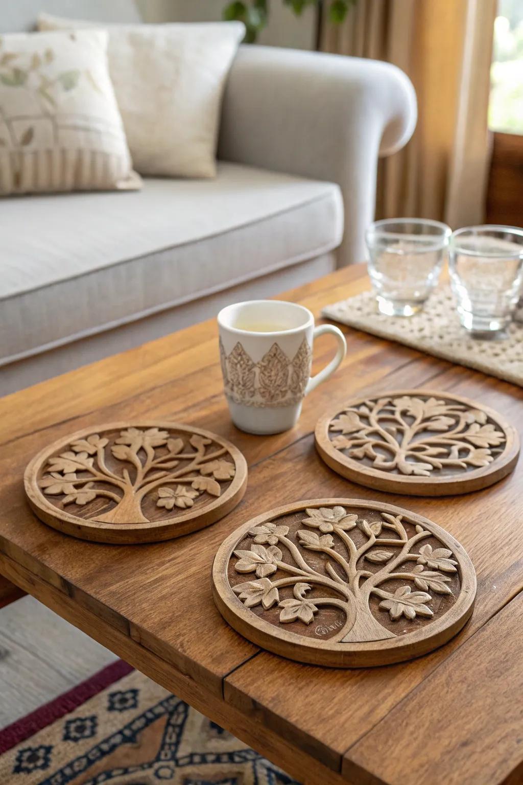 Eternal Tree coasters add charm and protection to a coffee table.