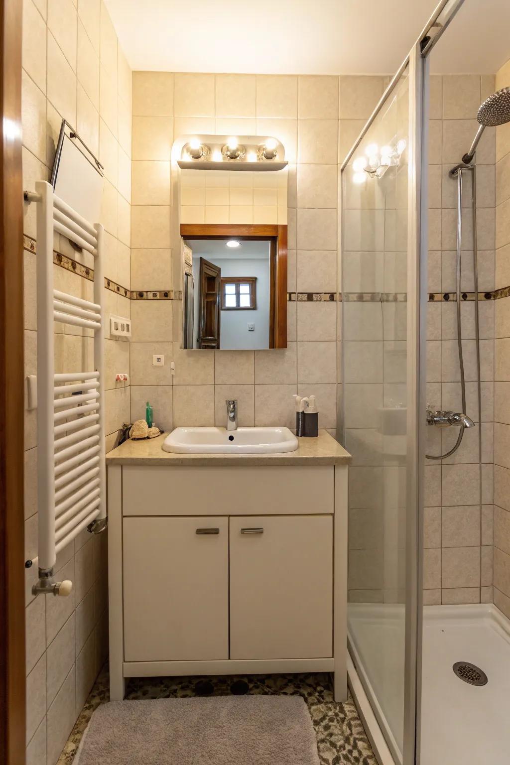 A small bathroom exhibits a compact vanity, maximizing the efficient use of space.