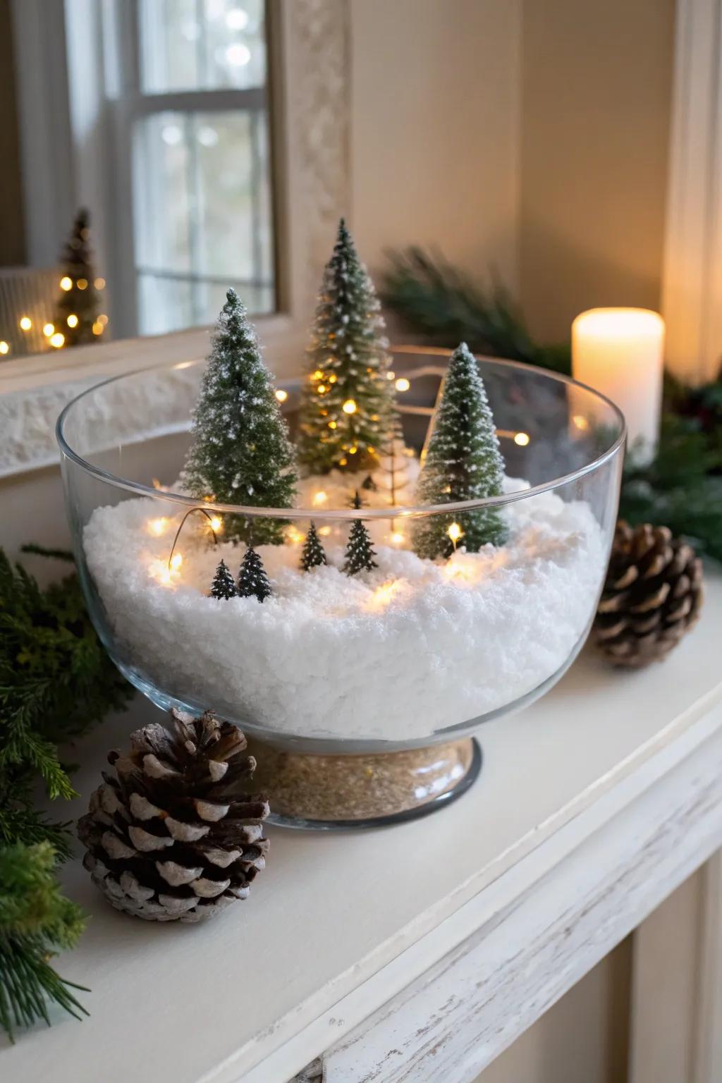 A dessert bowl depicting a charming winter dreamland.