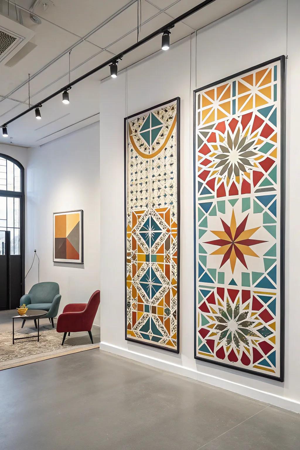 Modern geometric patterns in a playful triptych.