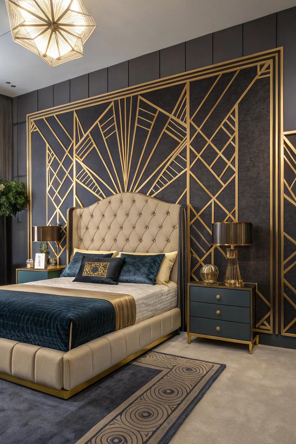 An Art Deco bedroom featuring an impressive tufted headboard.