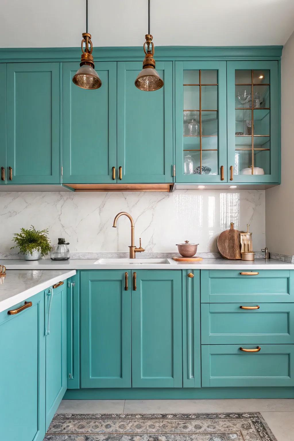 Bronze details enhancing the elegance of a turquoise kitchen.