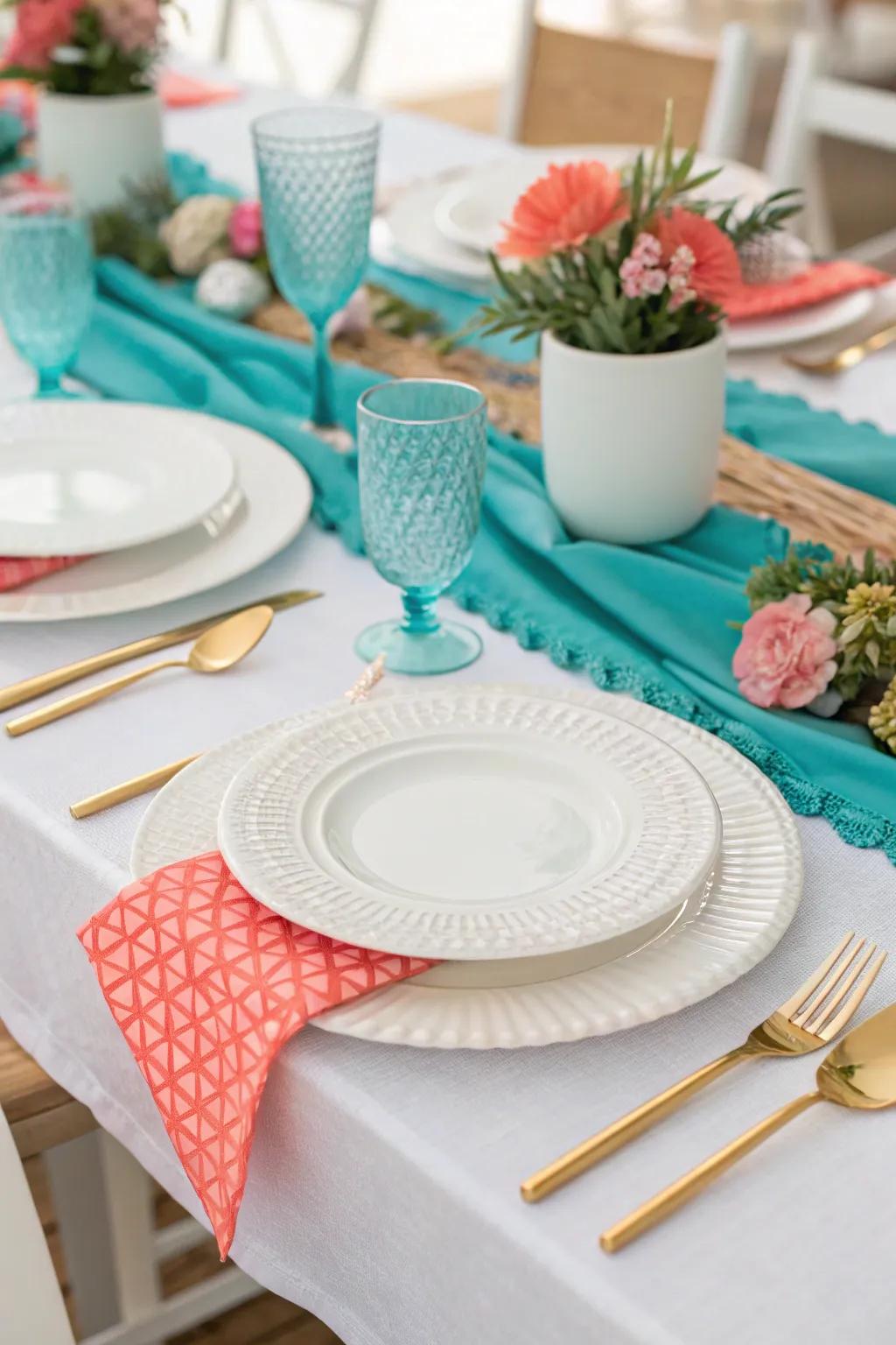 Azure and coral unite to create a spirited and joyful ambiance.