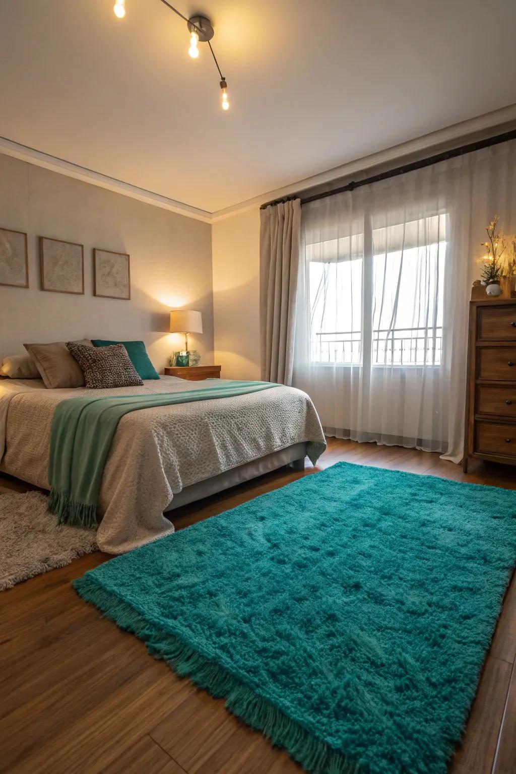A teal rug adds style and cozy comfort.