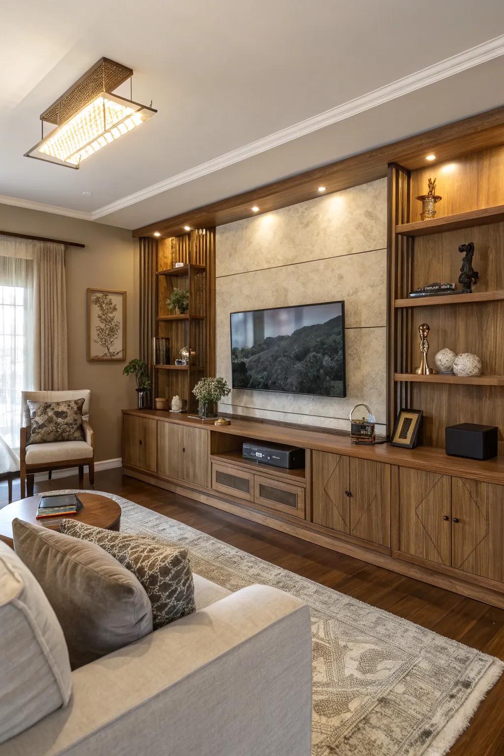 An eclectic mix of materials adds character to this TV feature wall.