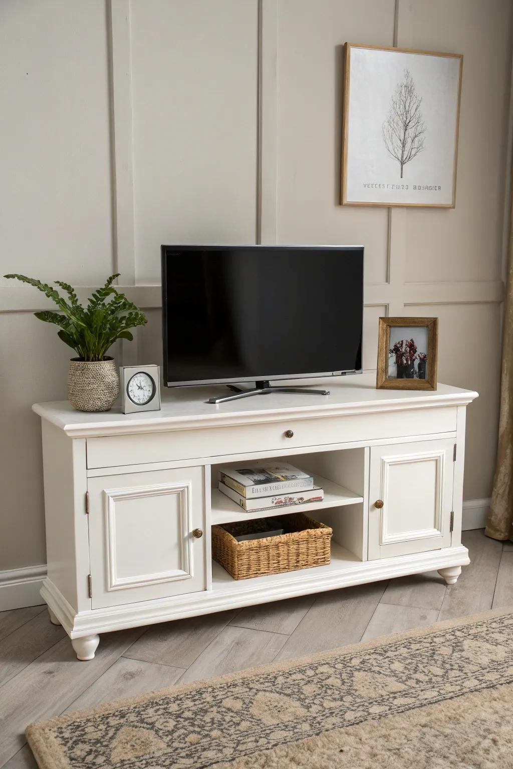 A white TV stand bringing classic elegance and versatility.