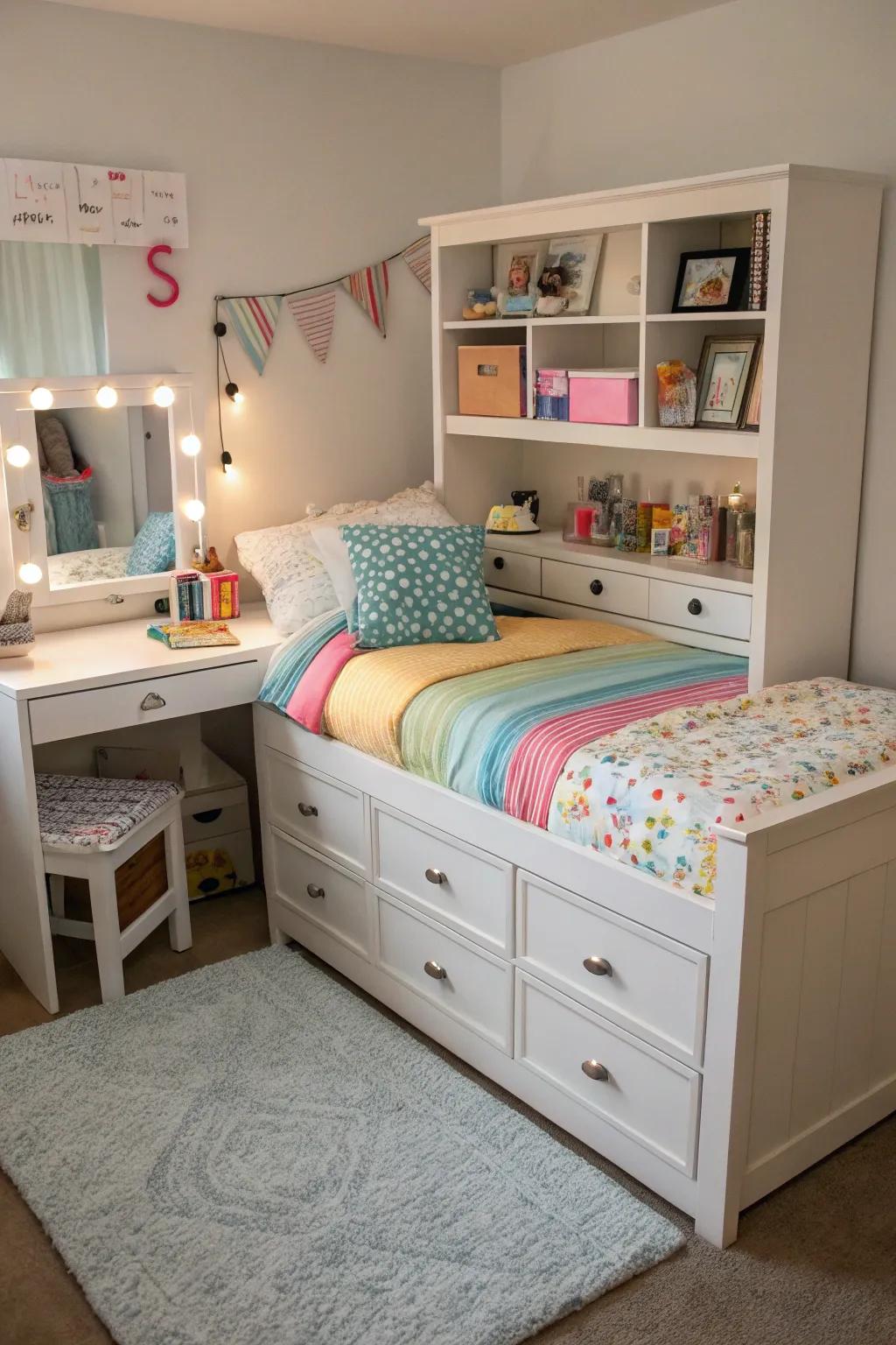Multifunctional furniture maximizes space and utility in a tween's room, promoting organization and efficiency.