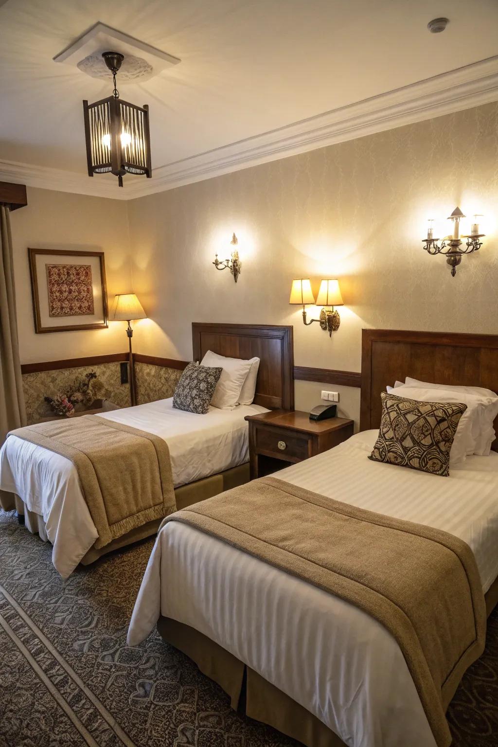 Layered lighting enhances ambiance and functionality in twin bed rooms.