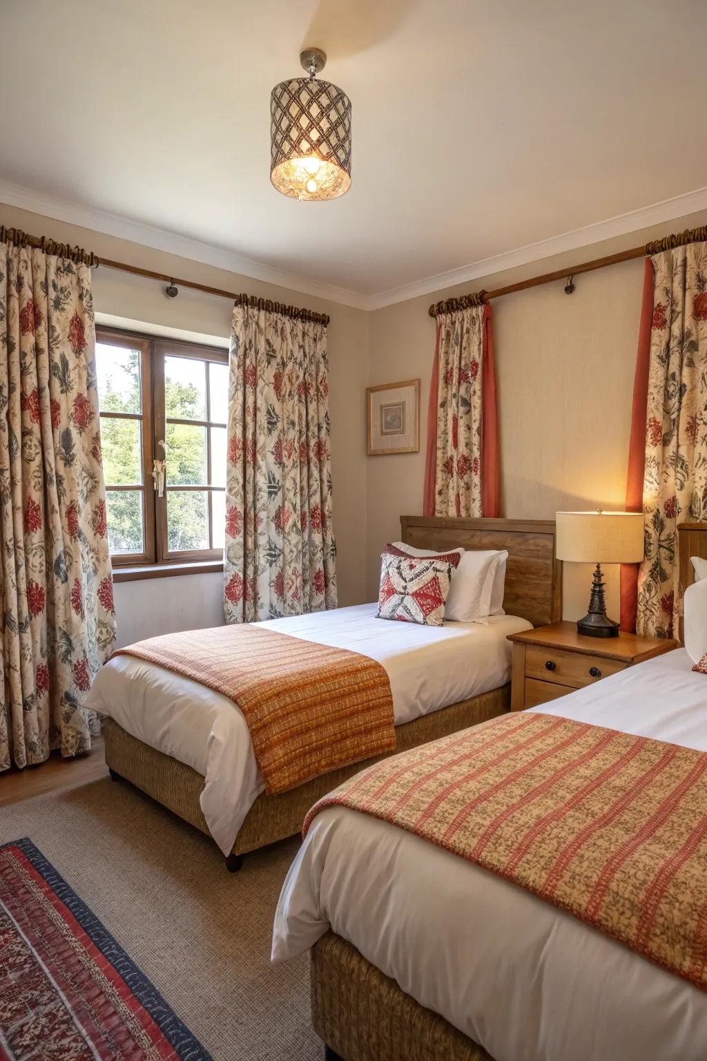 Creative curtains enhance the room's aesthetic with style and character.