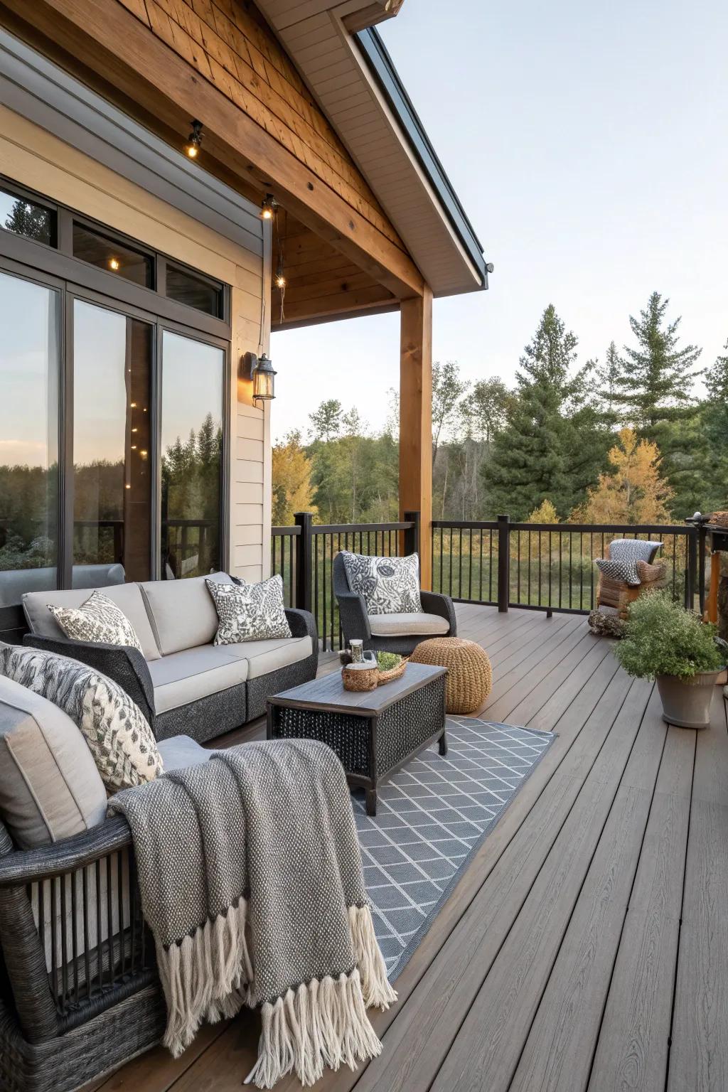 Dark gray and light cedar combine modern elegance with rustic charm.