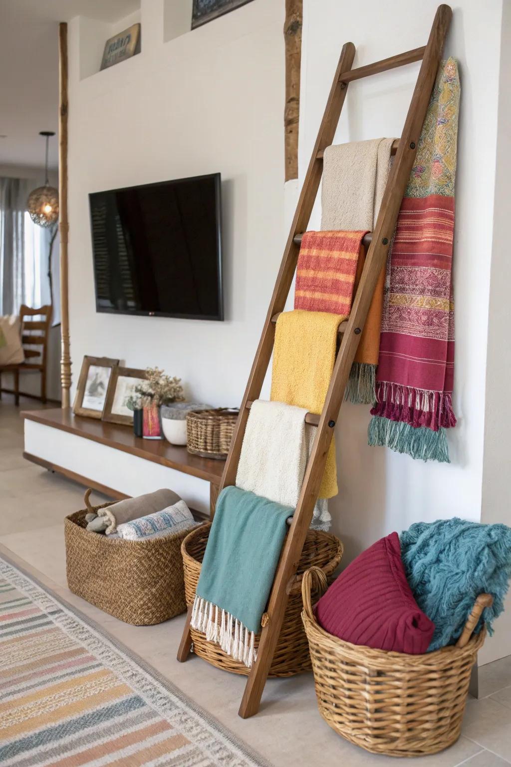 A decorative ladder adds a unique touch under your TV.
