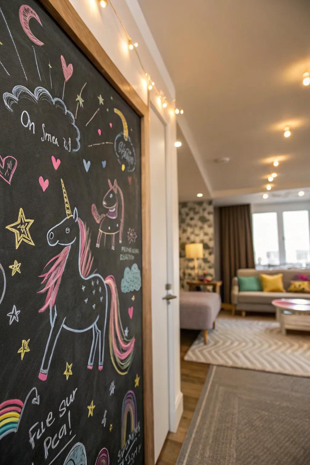 An interactive slate wall for creative unicorn doodles.